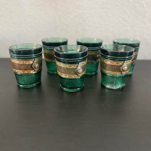 RARE! Vintage MCM Emerald Green Leather Banded Tumbler Glasses Set of 6 - Picture 10 of 14